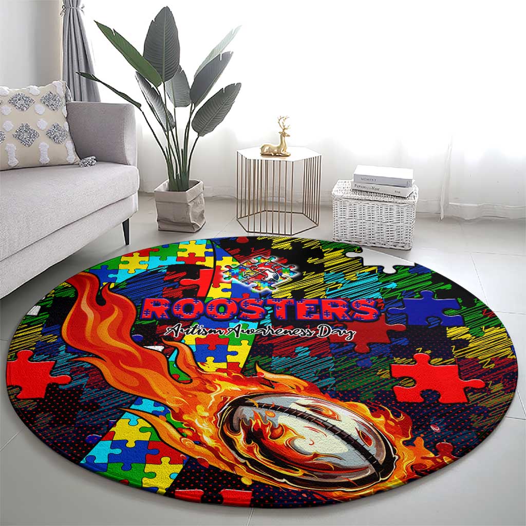 Roosters Autism Awareness Round Carpet Puzzle Flames Rugby Ball