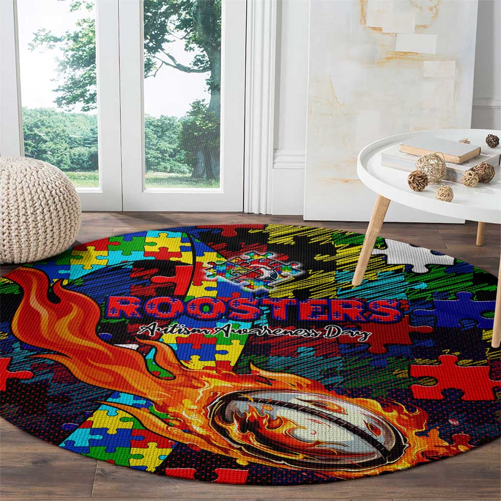Roosters Autism Awareness Round Carpet Puzzle Flames Rugby Ball