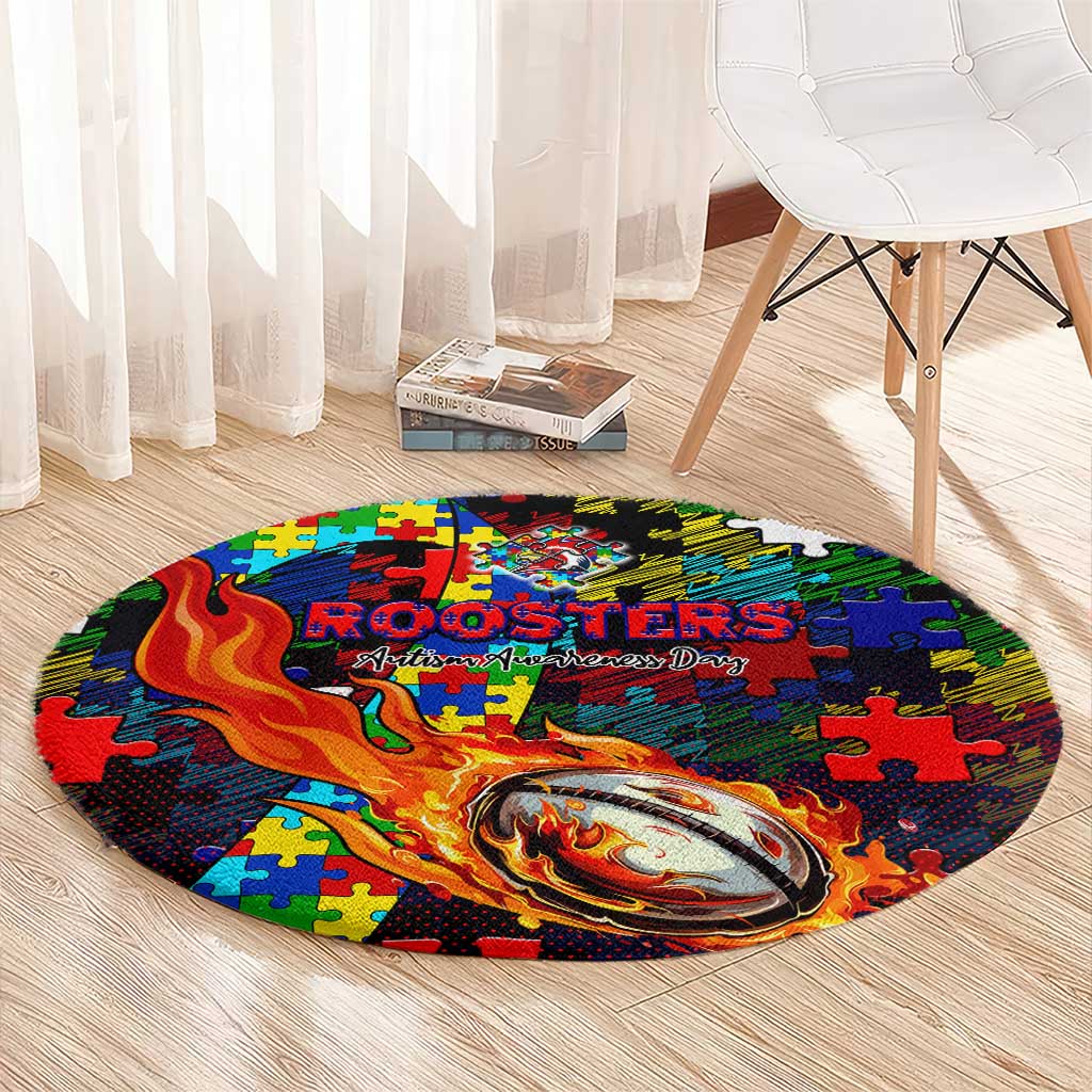 Roosters Autism Awareness Round Carpet Puzzle Flames Rugby Ball