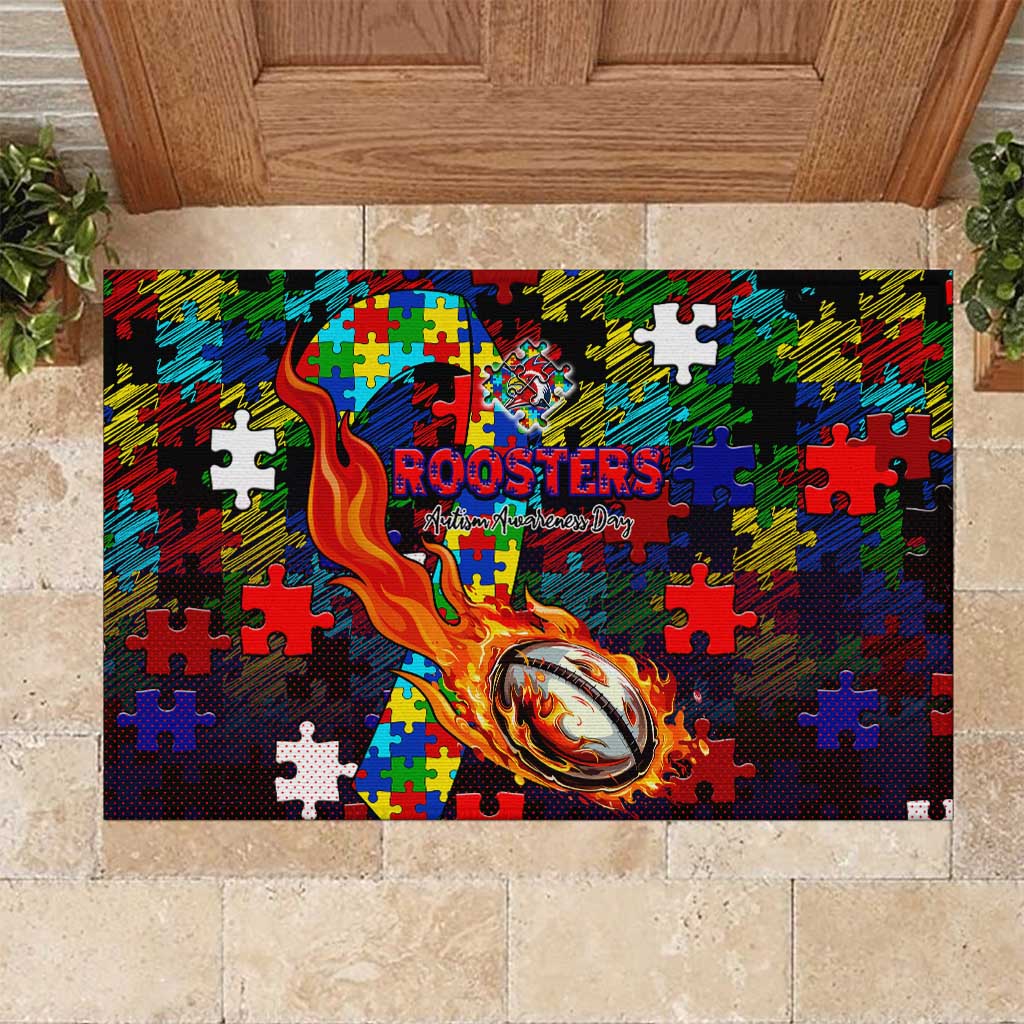 Roosters Autism Awareness Rubber Doormat Puzzle Flames Rugby Ball