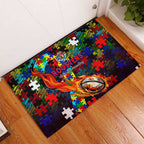 Roosters Autism Awareness Rubber Doormat Puzzle Flames Rugby Ball