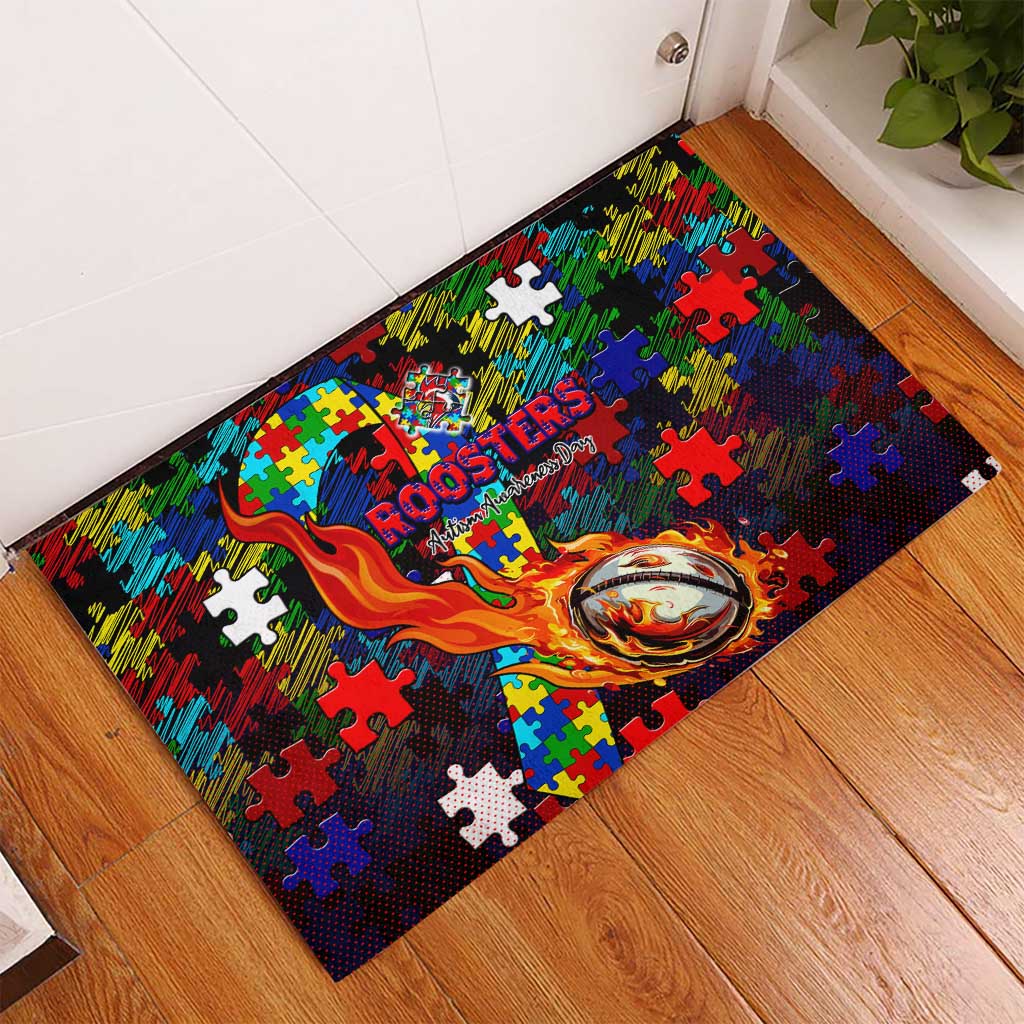 Roosters Autism Awareness Rubber Doormat Puzzle Flames Rugby Ball