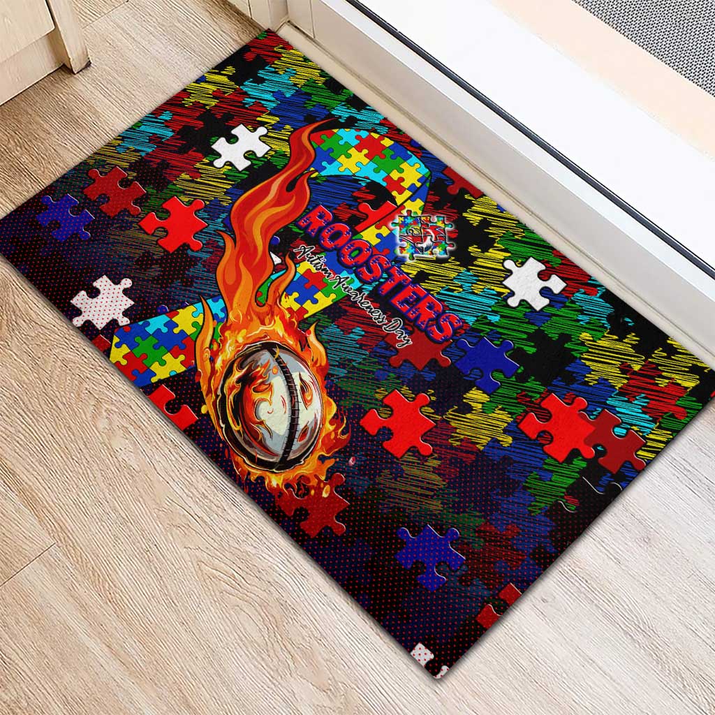 Roosters Autism Awareness Rubber Doormat Puzzle Flames Rugby Ball