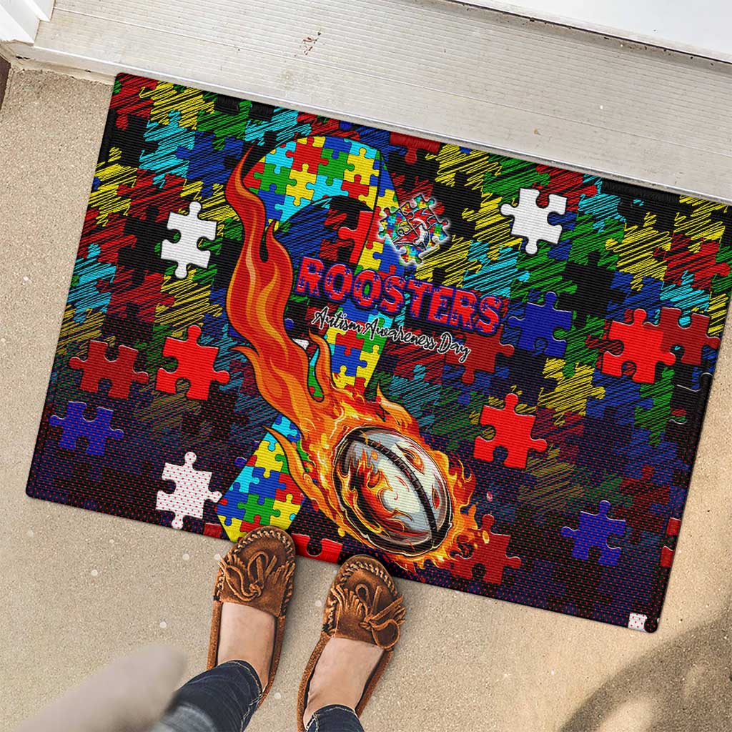 Roosters Autism Awareness Rubber Doormat Puzzle Flames Rugby Ball