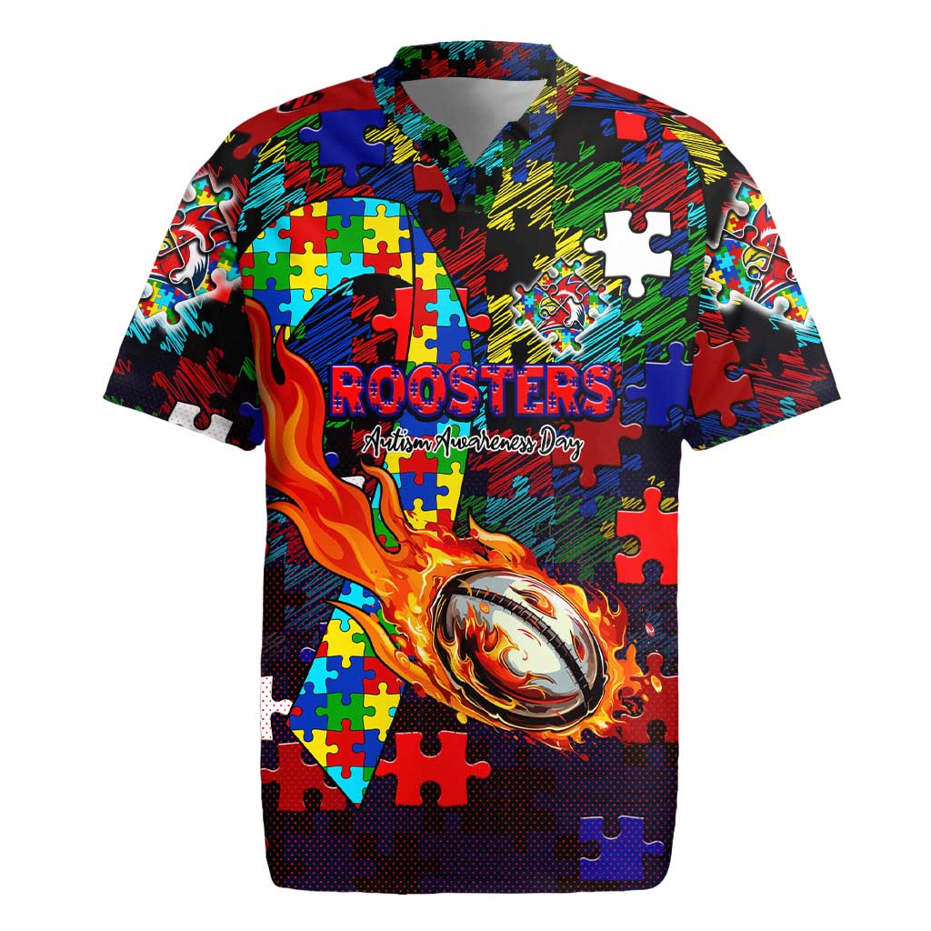 Roosters Autism Awareness Rugby Jersey Puzzle Flames Rugby Ball