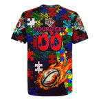 Roosters Autism Awareness Rugby Jersey Puzzle Flames Rugby Ball