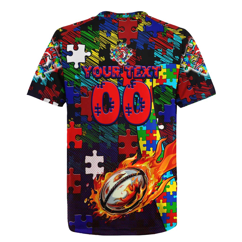 Roosters Autism Awareness Rugby Jersey Puzzle Flames Rugby Ball