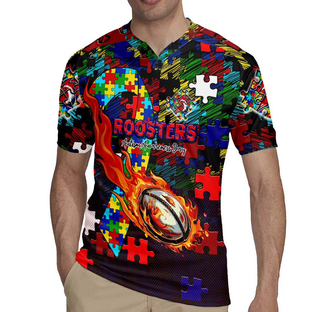 Roosters Autism Awareness Rugby Jersey Puzzle Flames Rugby Ball