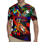 Roosters Autism Awareness Rugby Jersey Puzzle Flames Rugby Ball