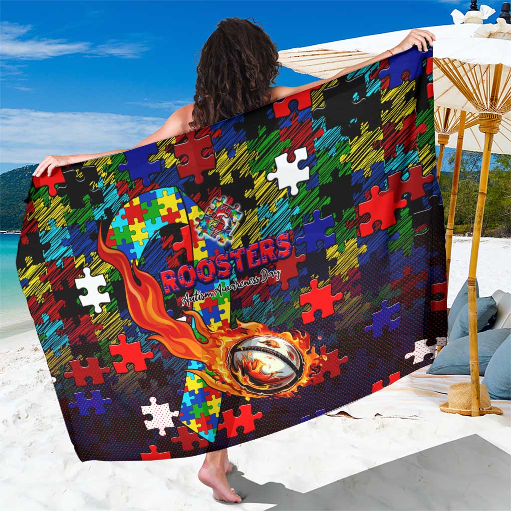 Roosters Autism Awareness Sarong Puzzle Flames Rugby Ball