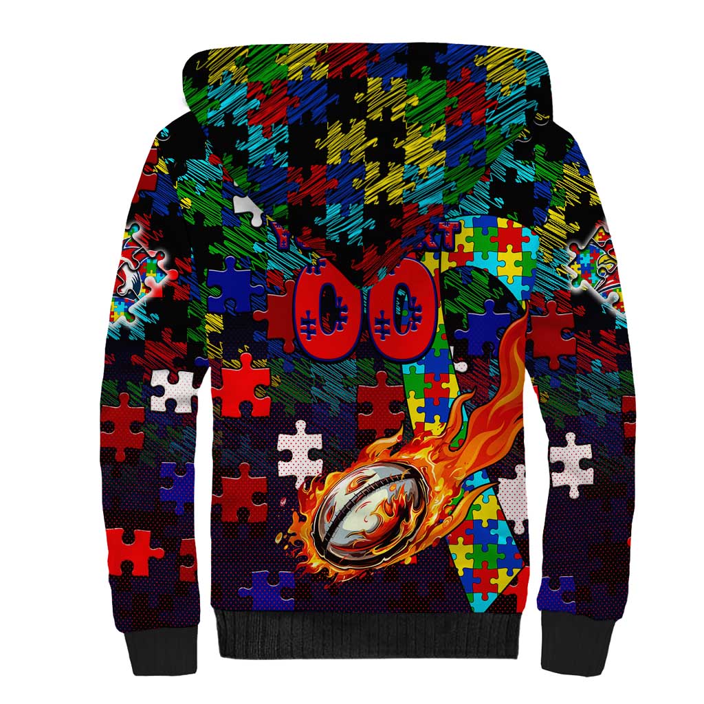 Roosters Autism Awareness Sherpa Hoodie Puzzle Flames Rugby Ball