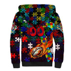 Roosters Autism Awareness Sherpa Hoodie Puzzle Flames Rugby Ball