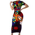 Roosters Autism Awareness Short Sleeve Bodycon Dress Puzzle Flames Rugby Ball