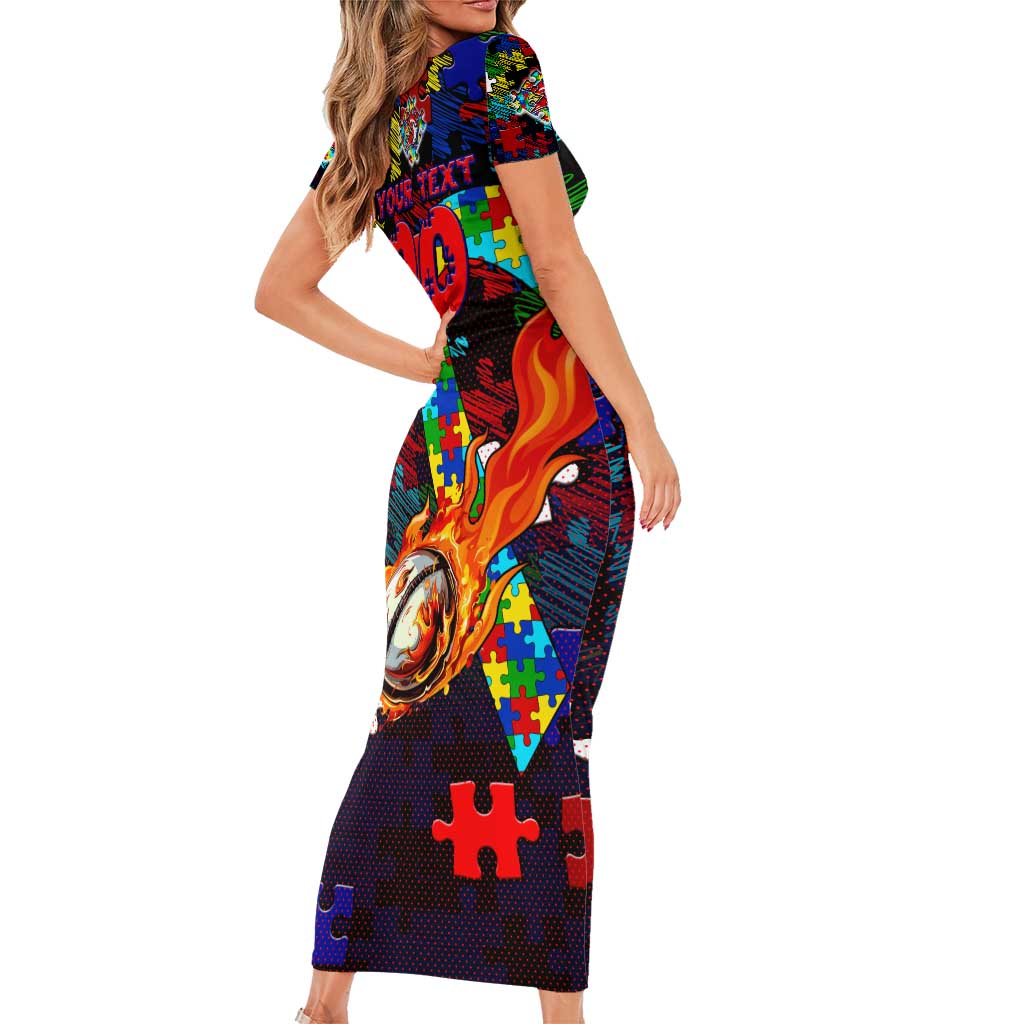 Roosters Autism Awareness Short Sleeve Bodycon Dress Puzzle Flames Rugby Ball
