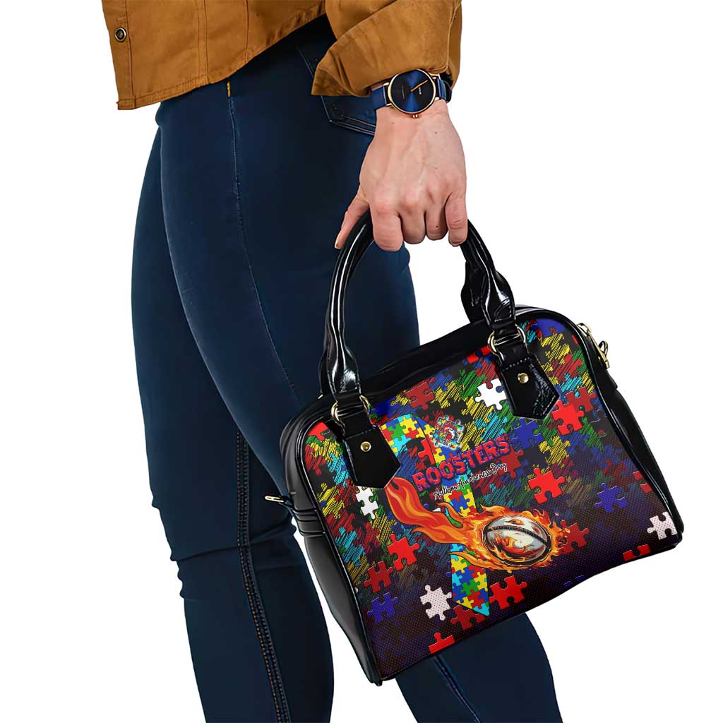 Roosters Autism Awareness Shoulder Handbag Puzzle Flames Rugby Ball