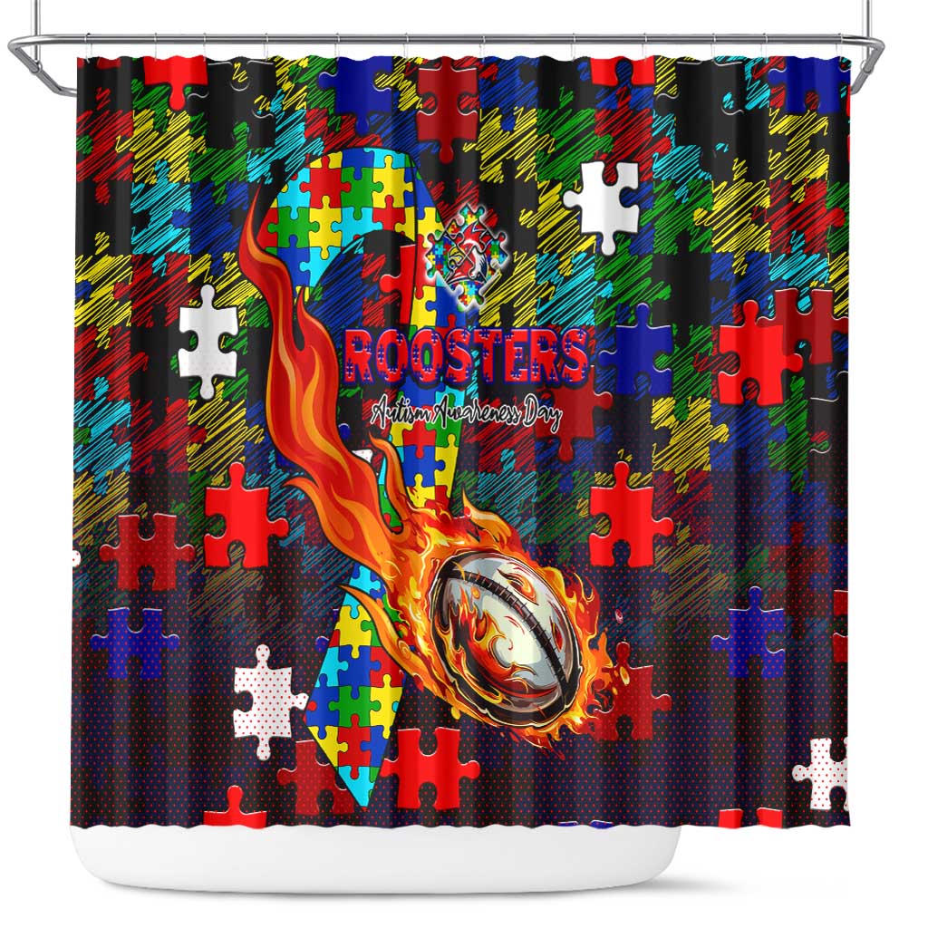 Roosters Autism Awareness Shower Curtain Puzzle Flames Rugby Ball