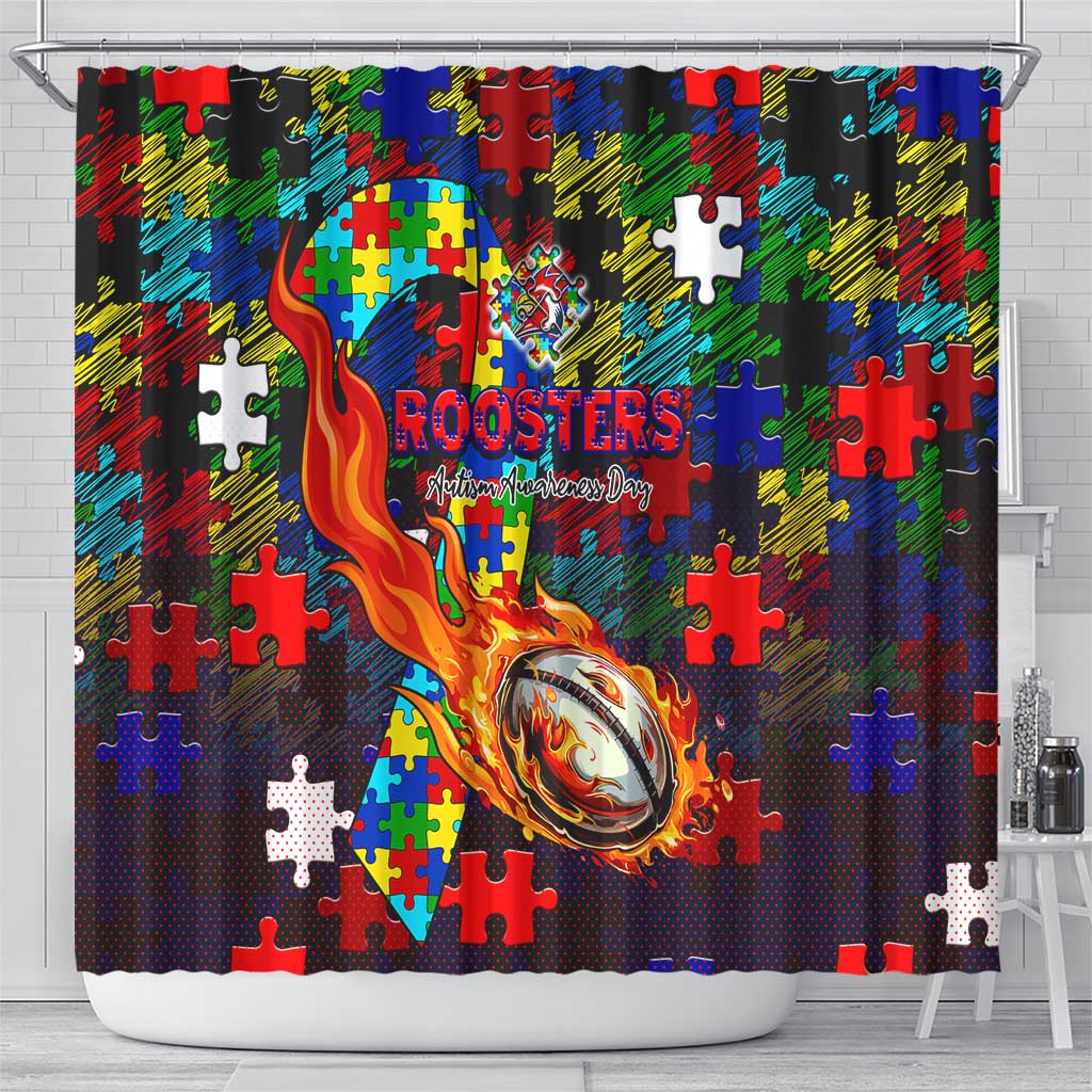 Roosters Autism Awareness Shower Curtain Puzzle Flames Rugby Ball