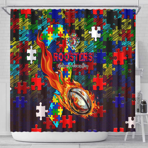 Roosters Autism Awareness Shower Curtain Puzzle Flames Rugby Ball