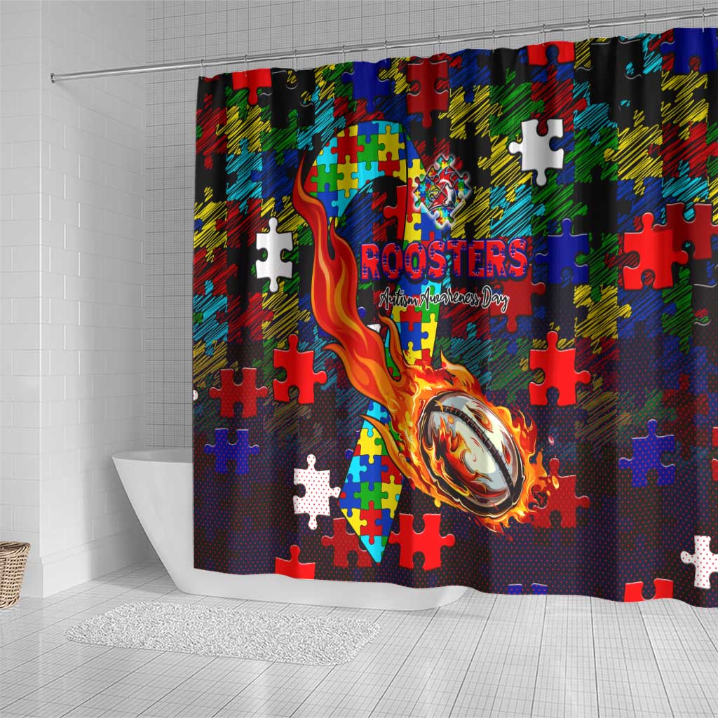 Roosters Autism Awareness Shower Curtain Puzzle Flames Rugby Ball