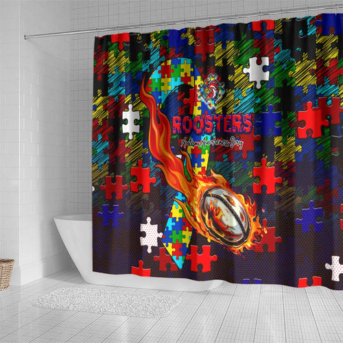 Roosters Autism Awareness Shower Curtain Puzzle Flames Rugby Ball