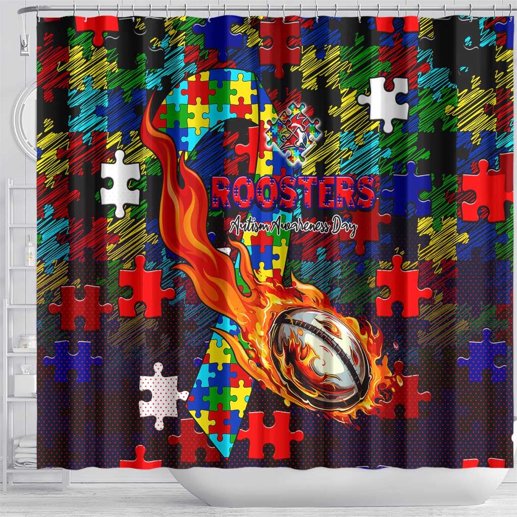 Roosters Autism Awareness Shower Curtain Puzzle Flames Rugby Ball