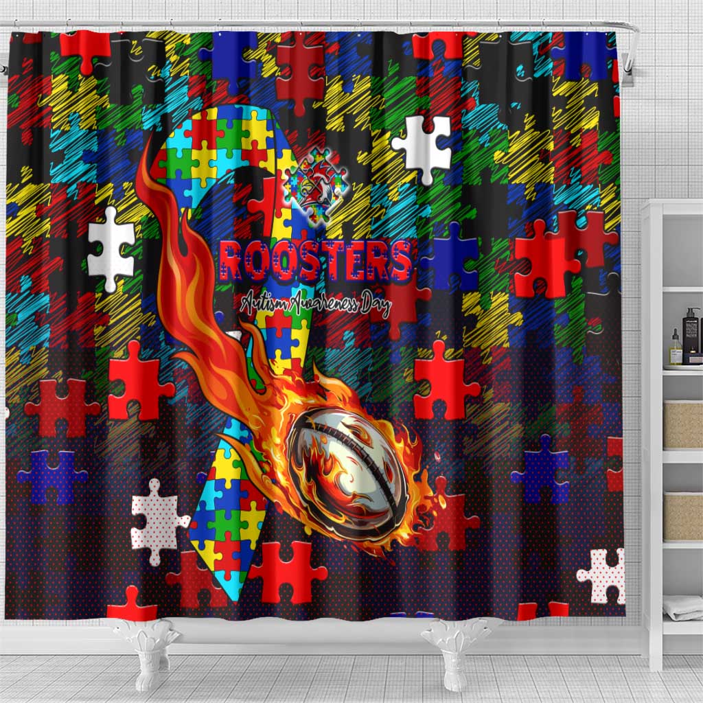 Roosters Autism Awareness Shower Curtain Puzzle Flames Rugby Ball