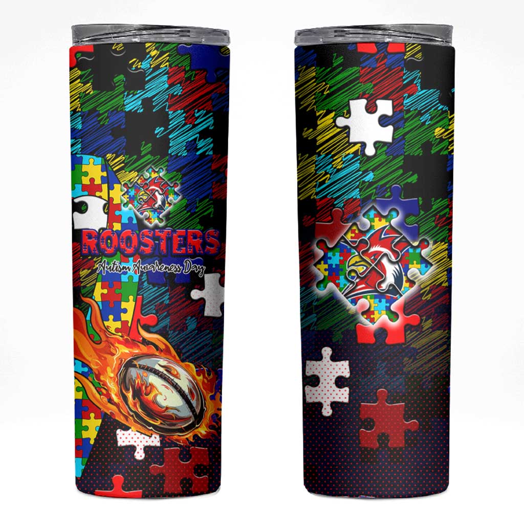 Roosters Autism Awareness Skinny Tumbler Puzzle Flames Rugby Ball