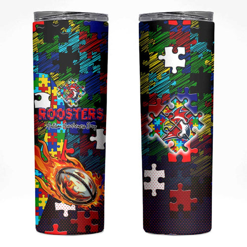 Roosters Autism Awareness Skinny Tumbler Puzzle Flames Rugby Ball