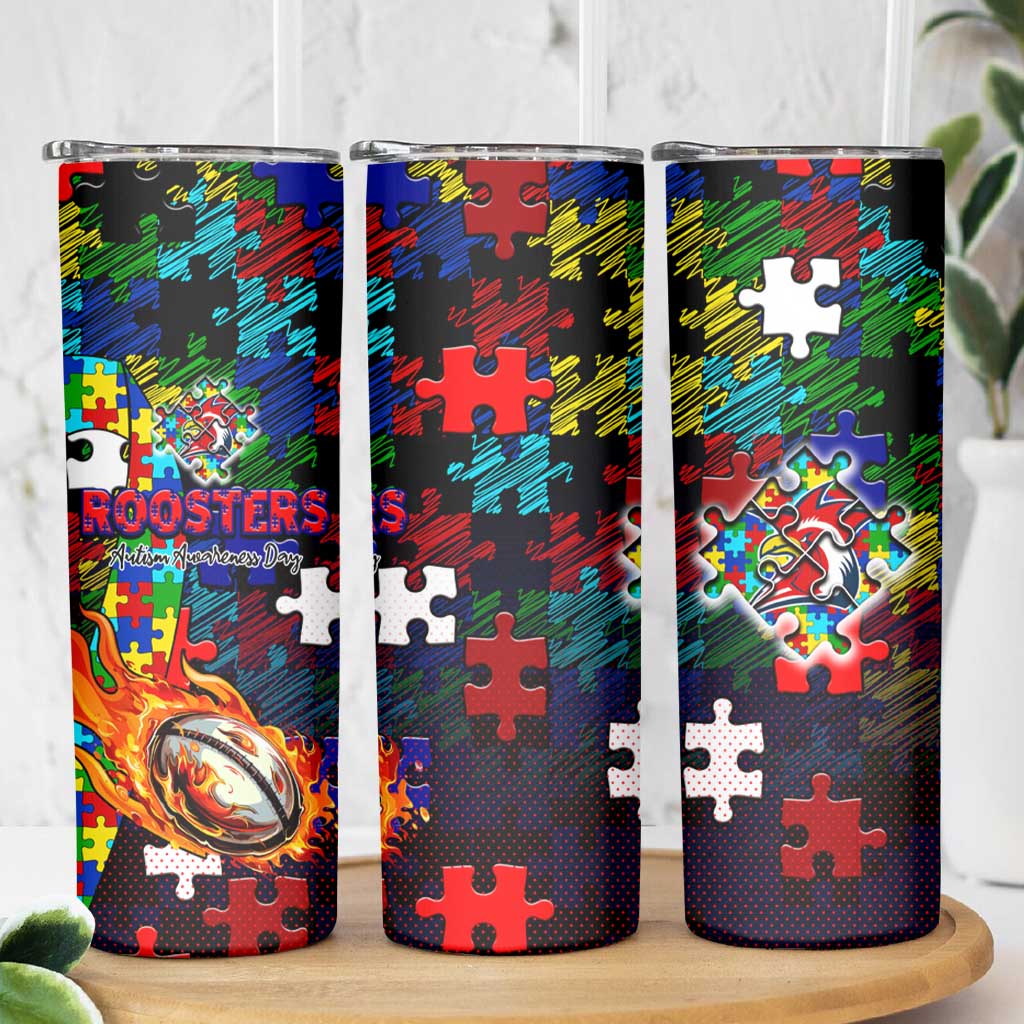 Roosters Autism Awareness Skinny Tumbler Puzzle Flames Rugby Ball