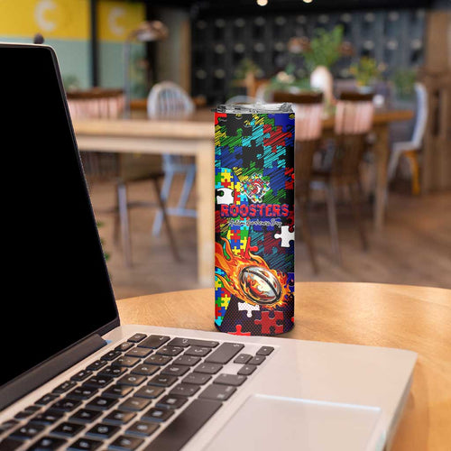 Roosters Autism Awareness Skinny Tumbler Puzzle Flames Rugby Ball