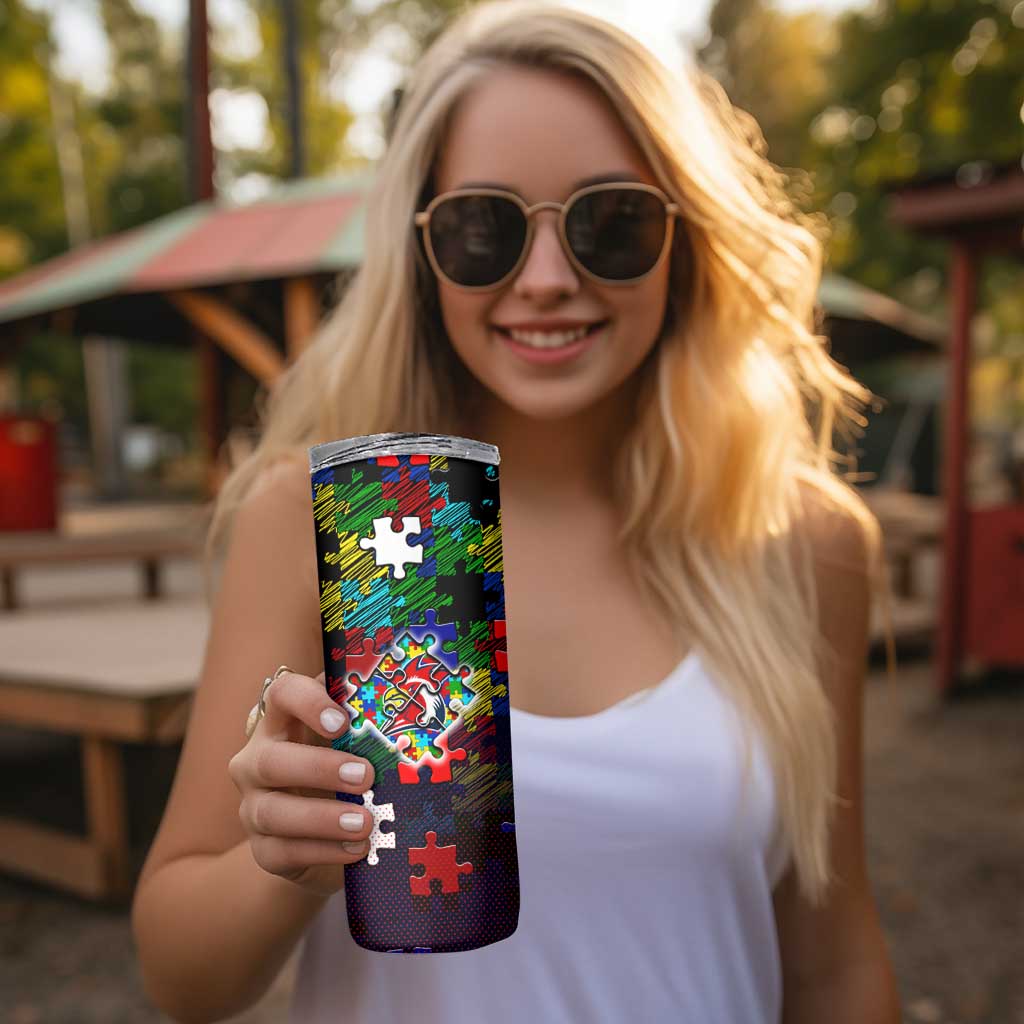 Roosters Autism Awareness Skinny Tumbler Puzzle Flames Rugby Ball