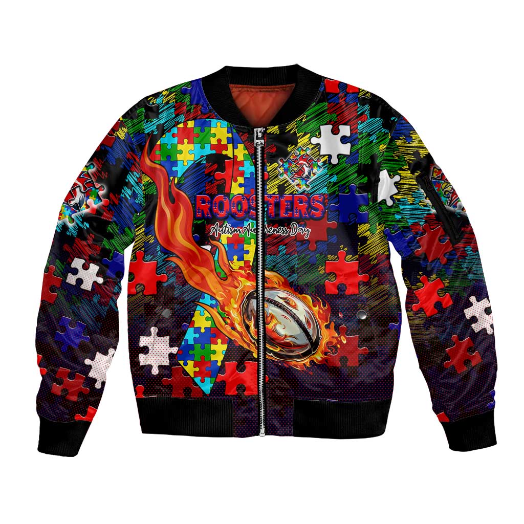 Roosters Autism Awareness Sleeve Zip Bomber Jacket Puzzle Flames Rugby Ball