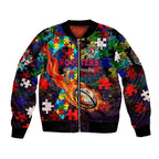 Roosters Autism Awareness Sleeve Zip Bomber Jacket Puzzle Flames Rugby Ball