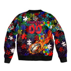 Roosters Autism Awareness Sleeve Zip Bomber Jacket Puzzle Flames Rugby Ball