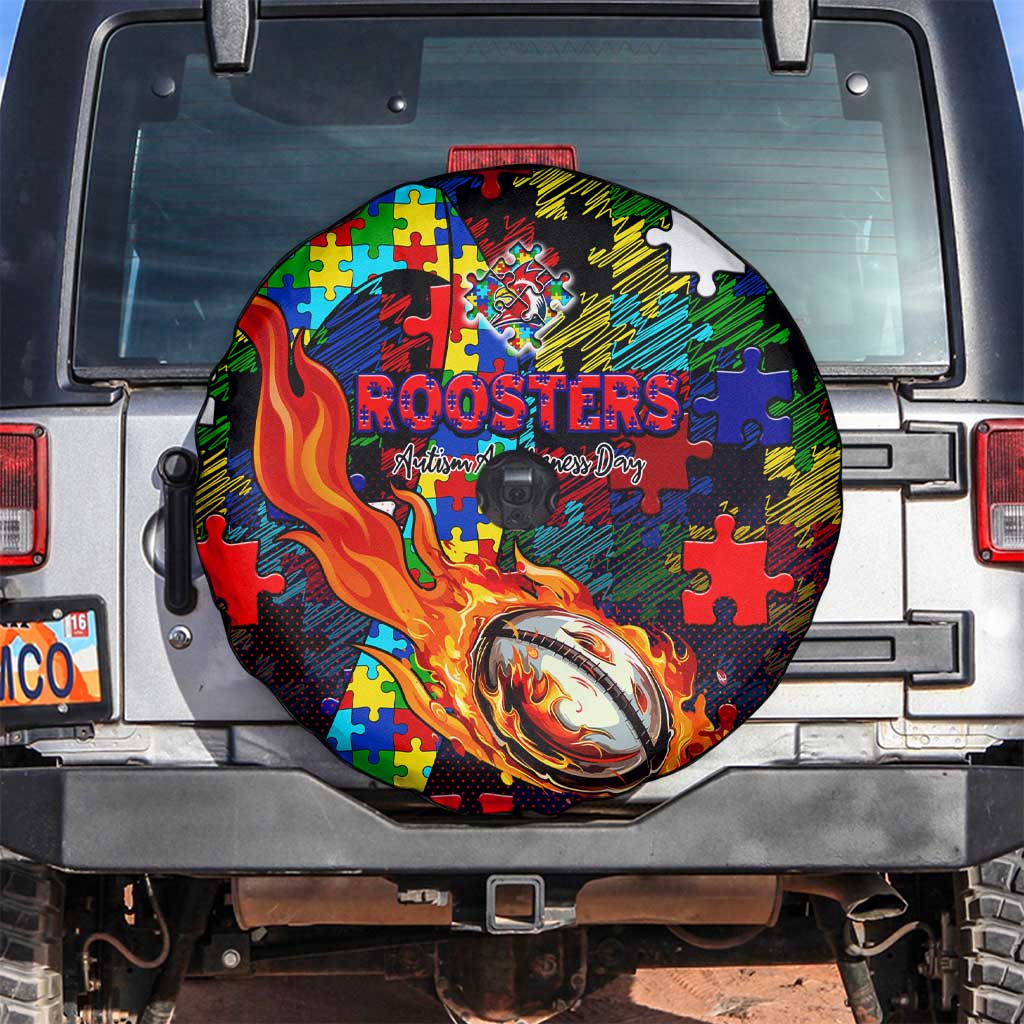 Roosters Autism Awareness Spare Tire Cover Puzzle Flames Rugby Ball