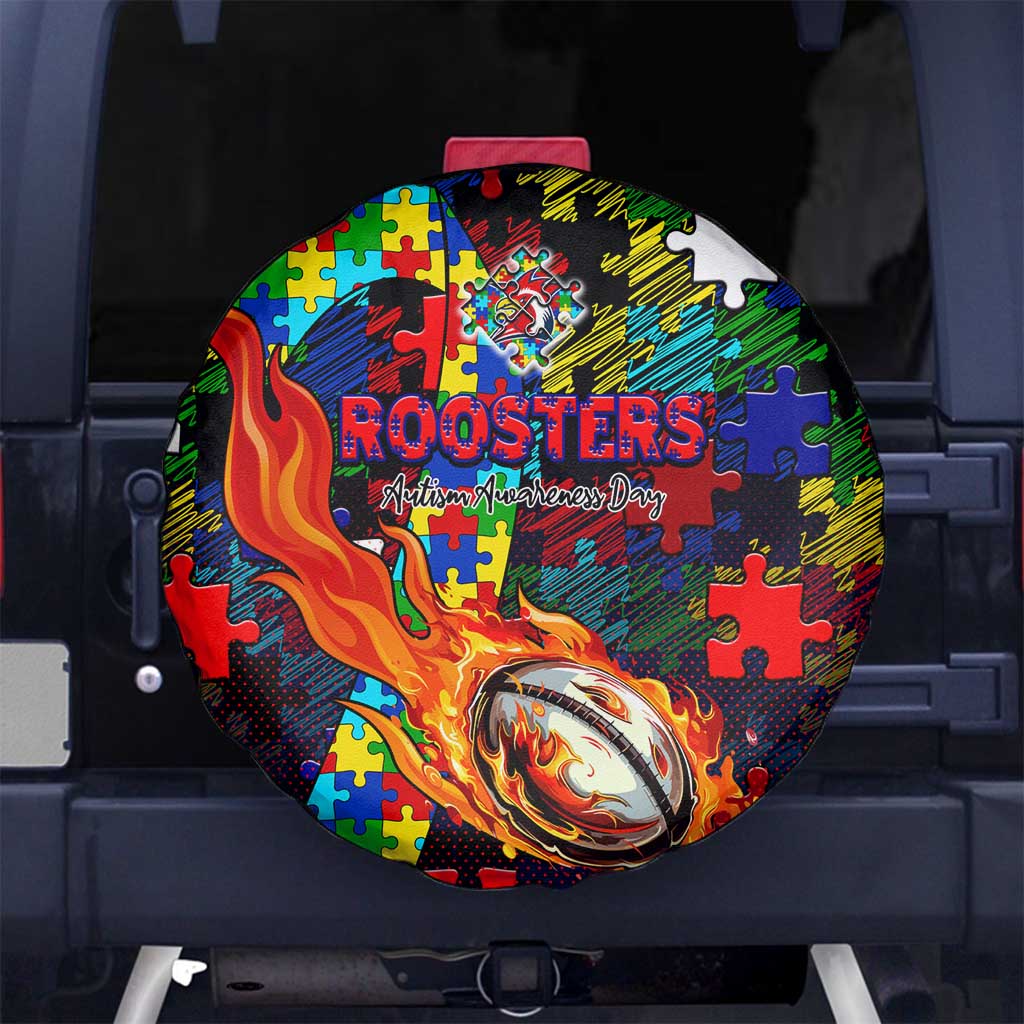 Roosters Autism Awareness Spare Tire Cover Puzzle Flames Rugby Ball