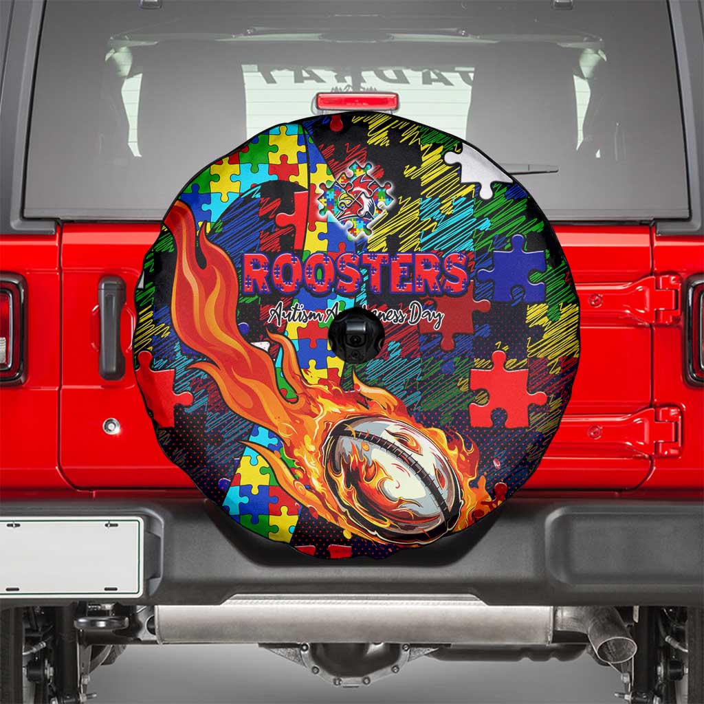 Roosters Autism Awareness Spare Tire Cover Puzzle Flames Rugby Ball