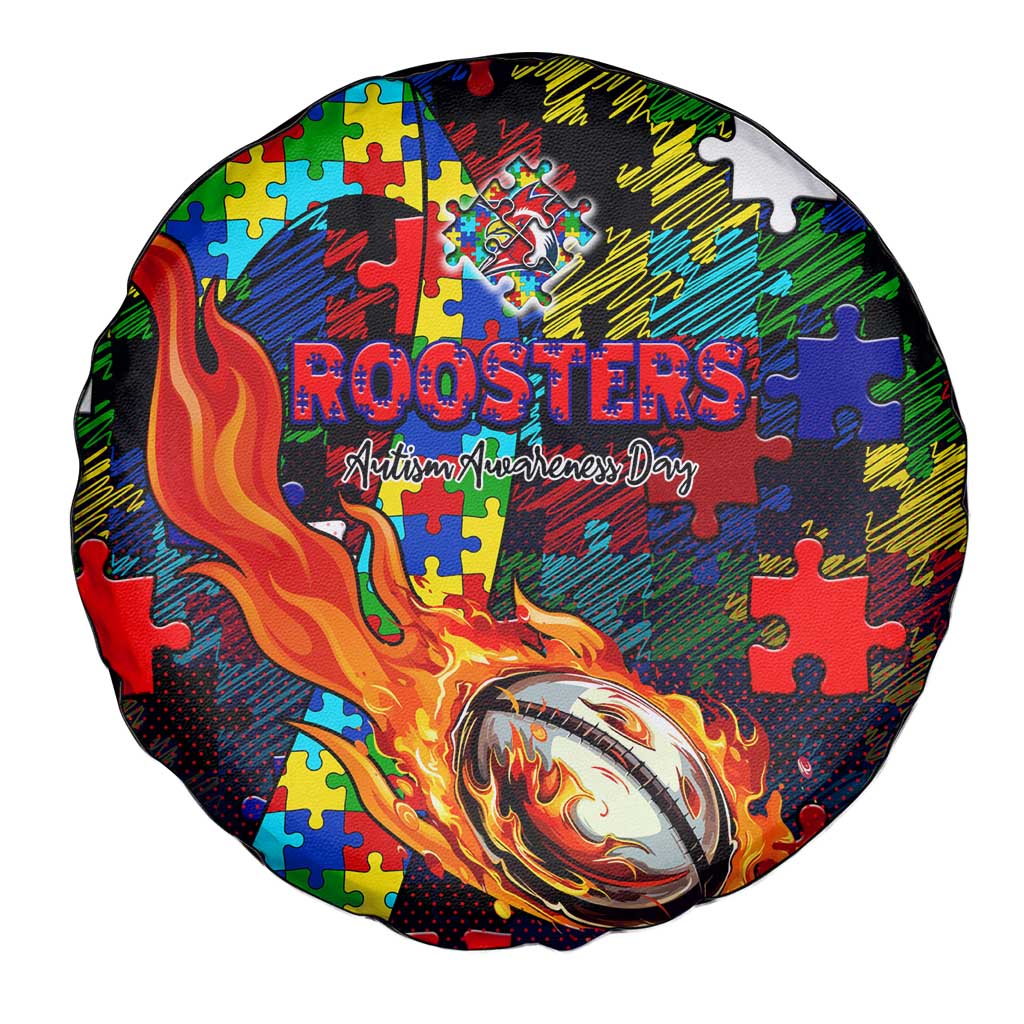 Roosters Autism Awareness Spare Tire Cover Puzzle Flames Rugby Ball