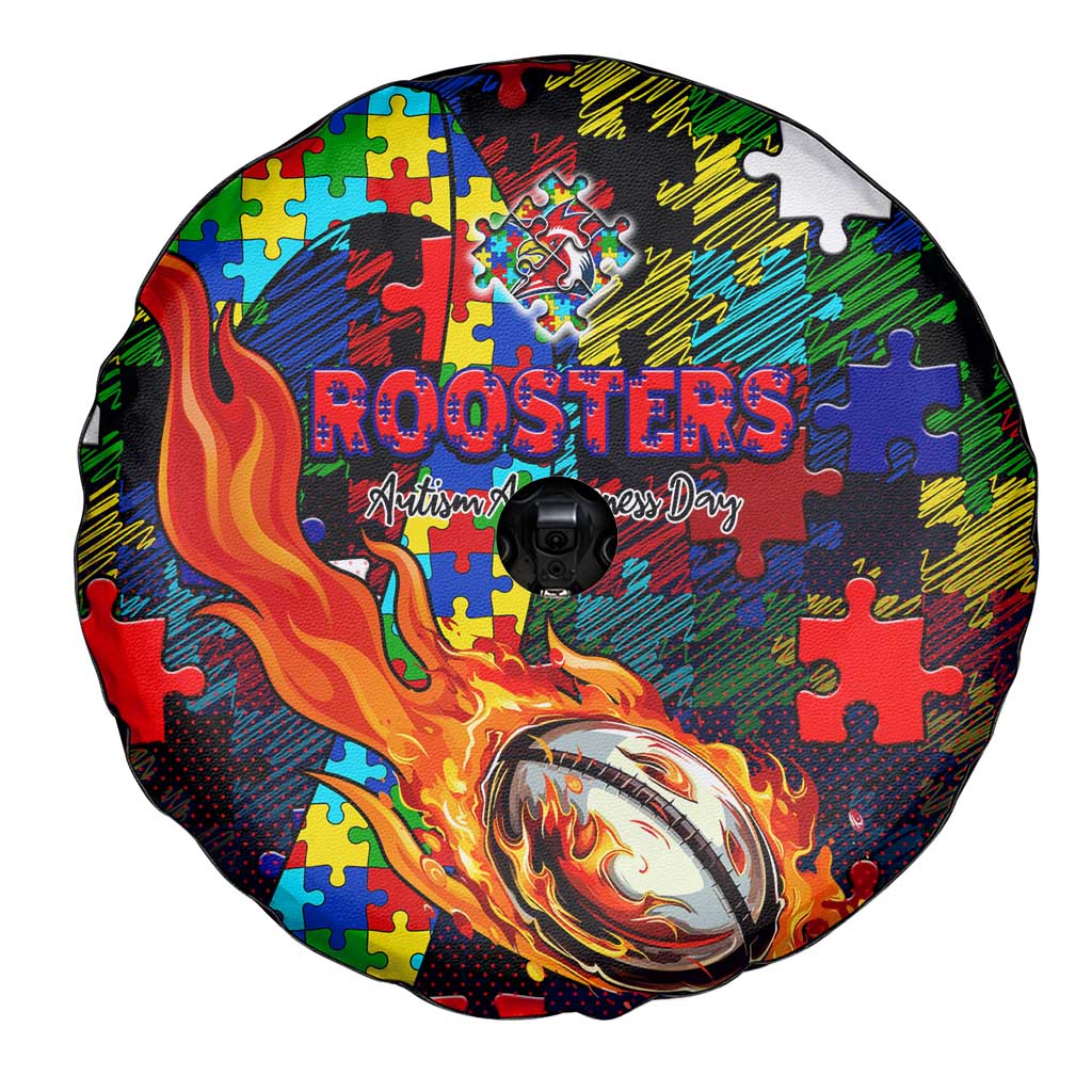 Roosters Autism Awareness Spare Tire Cover Puzzle Flames Rugby Ball