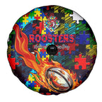 Roosters Autism Awareness Spare Tire Cover Puzzle Flames Rugby Ball