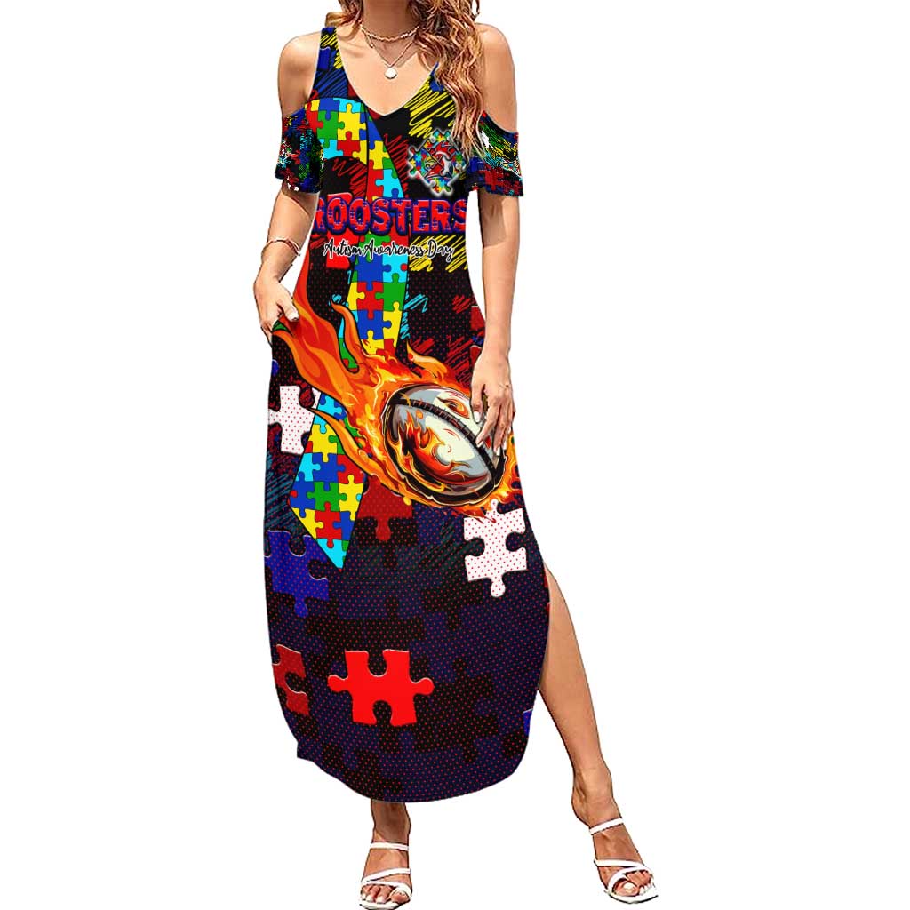 Roosters Autism Awareness Summer Maxi Dress Puzzle Flames Rugby Ball