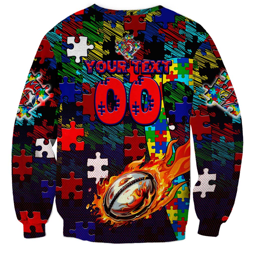 Roosters Autism Awareness Sweatshirt Puzzle Flames Rugby Ball