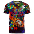 Roosters Autism Awareness T Shirt Puzzle Flames Rugby Ball