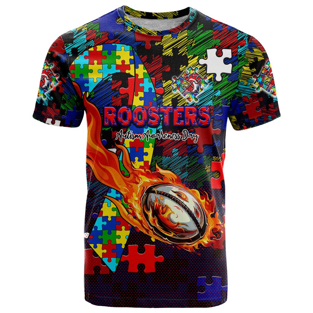 Roosters Autism Awareness T Shirt Puzzle Flames Rugby Ball