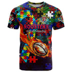 Roosters Autism Awareness T Shirt Puzzle Flames Rugby Ball