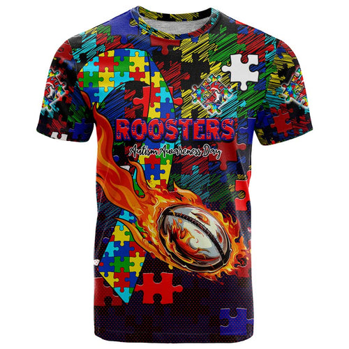 Roosters Autism Awareness T Shirt Puzzle Flames Rugby Ball