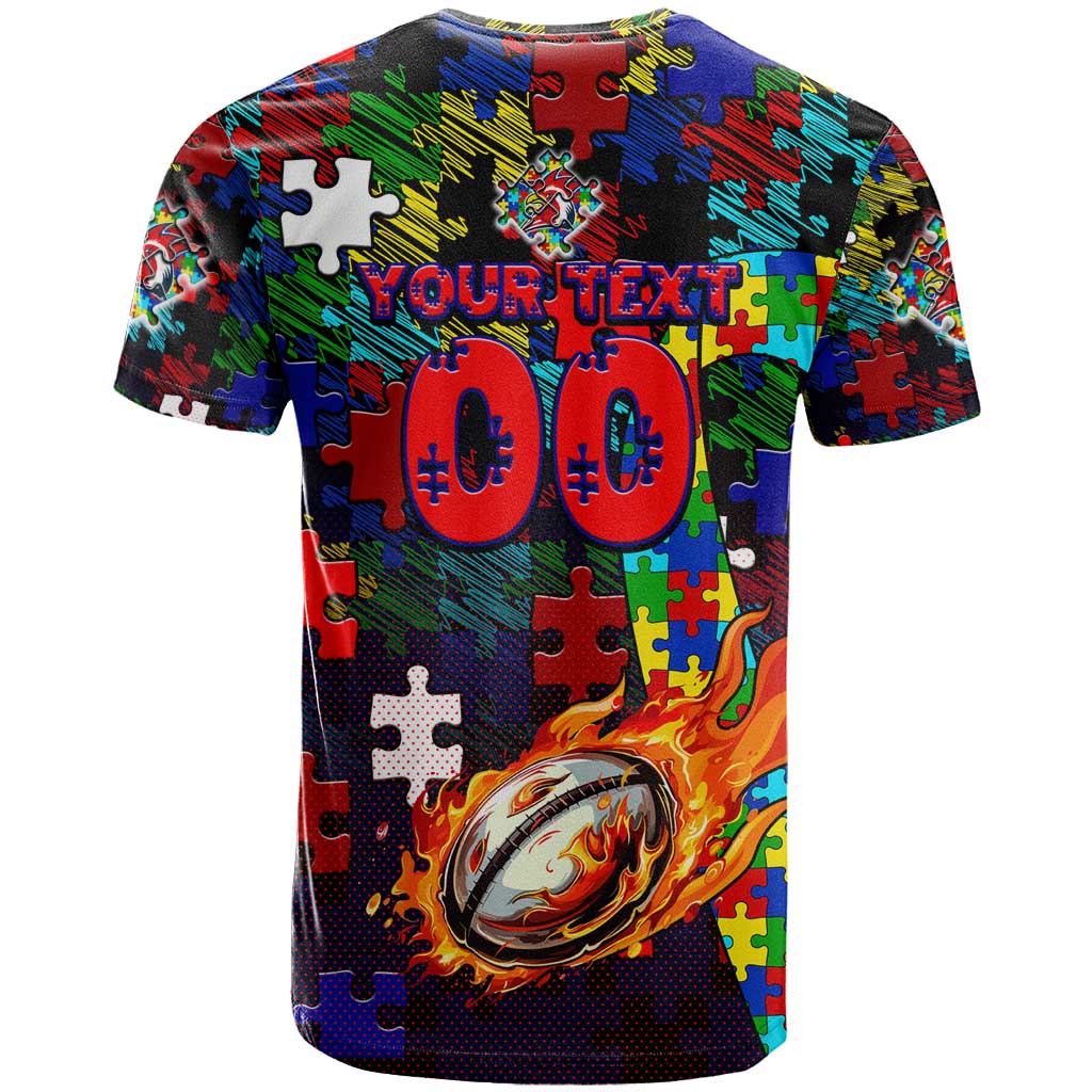 Roosters Autism Awareness T Shirt Puzzle Flames Rugby Ball