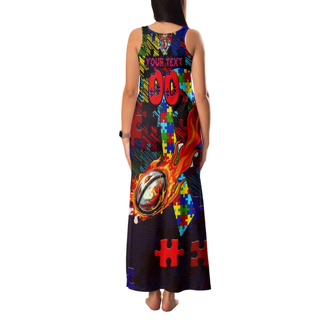 Roosters Autism Awareness Tank Maxi Dress Puzzle Flames Rugby Ball