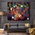 Roosters Autism Awareness Tapestry Puzzle Flames Rugby Ball