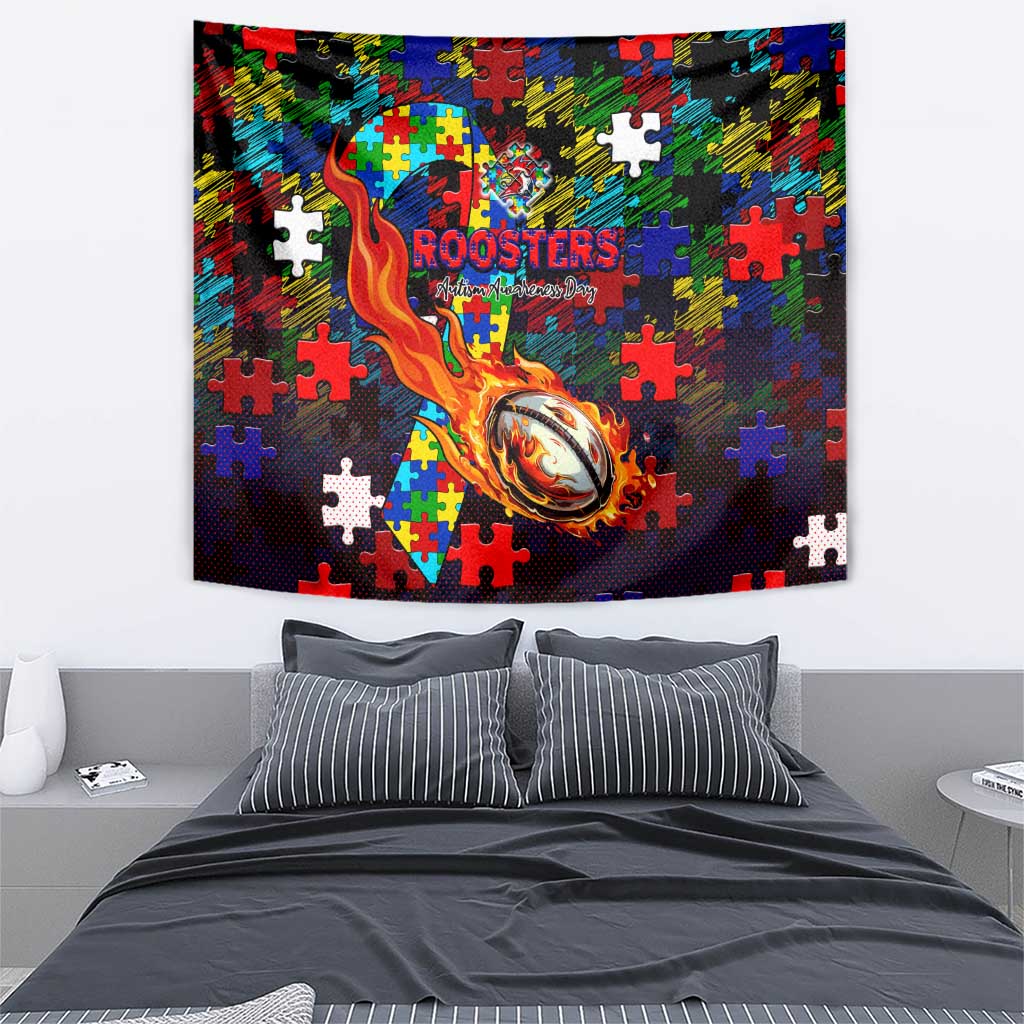 Roosters Autism Awareness Tapestry Puzzle Flames Rugby Ball